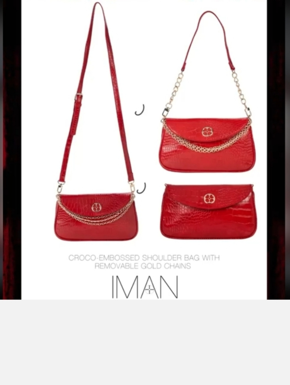 IMAN Croco-Embossed Red Shoulder Bag with Gold Chain Detail